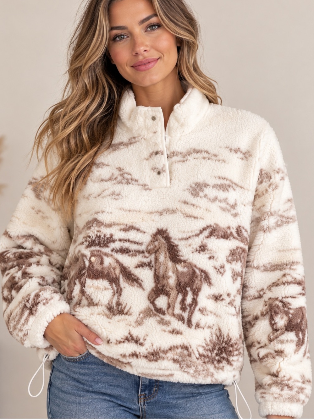 068.New  Horse Cozy Cream & Brown Sherpa Pullover Sweater